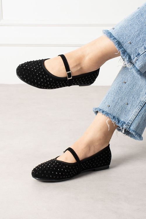 Margot Siyah Süet Taş İşlemeli Nikel Tokalı Kemer Bantlı Babet