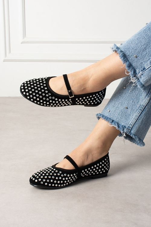 Margot Siyah Süet Kristal Taş İşlemeli Nikel Tokalı Kemer Bantlı Babet