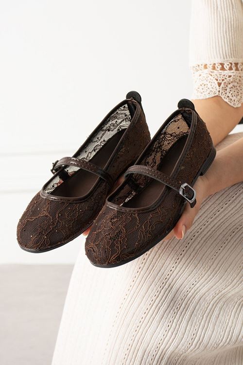 Alba Kahverengi Tül Nakışlı Mini Taş İşlemeli Kemerli Premium Babet