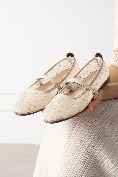 Alba Bej Tül Nakışlı Mini Taş İşlemeli Kemerli Premium Babet