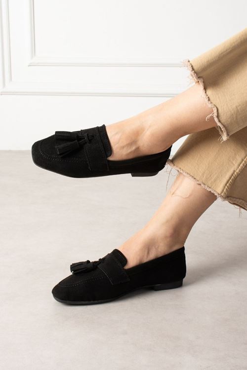 Savona Siyah Süet Püskül Detaylı Loafer Babet Günlük Ayakkabı
