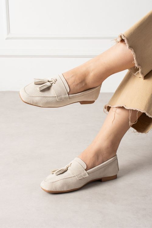 Savona Bej Süet Püskül Detaylı Loafer Babet Günlük Ayakkabı