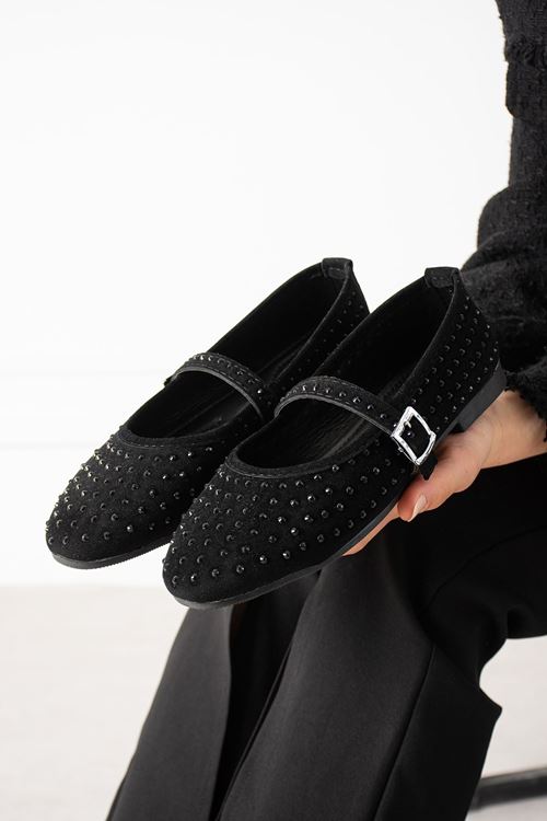 Gemma Siyah Süet Taş İşlemeli Nikel Tokalı Kemer Bantlı Babet