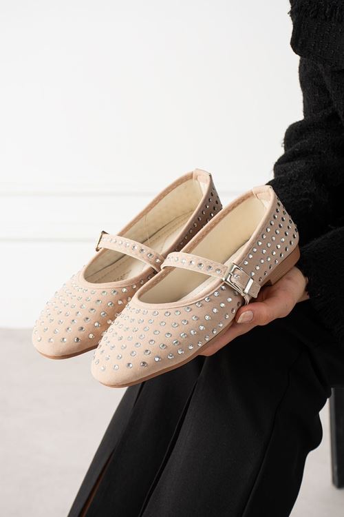 Gemma Bej Süet Kristal Taş İşlemeli Nikel Tokalı Kemer Bantlı Babet