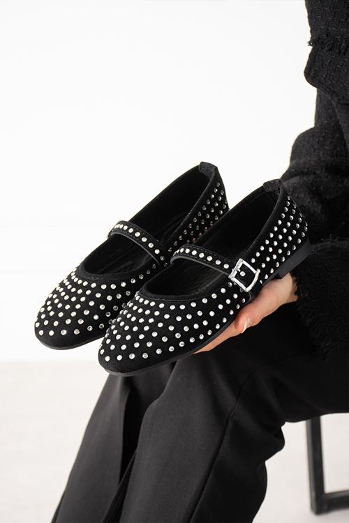 Gemma Siyah Süet Kristal Taş İşlemeli Nikel Tokalı Kemer Bantlı Babet