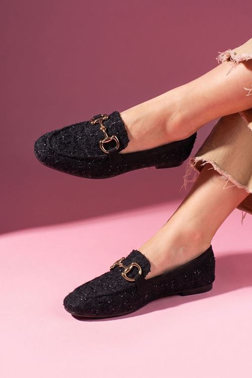 Alita Siyah Simli Kumaş Saraçlı Gold Tokalı Loafer Babet