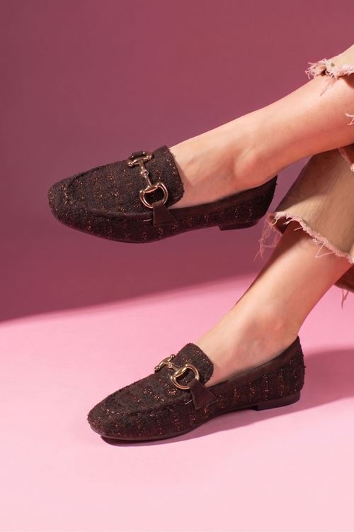Alita Kahverengi Simli Kumaş Saraçlı Gold Tokalı Loafer Babet