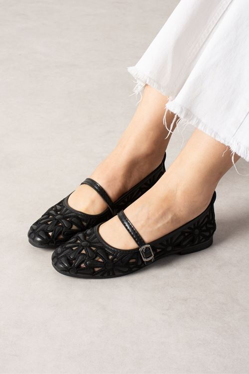 Venosa Siyah Tül Nakışlı Çiçek Desenli Kemerli Premium Babet