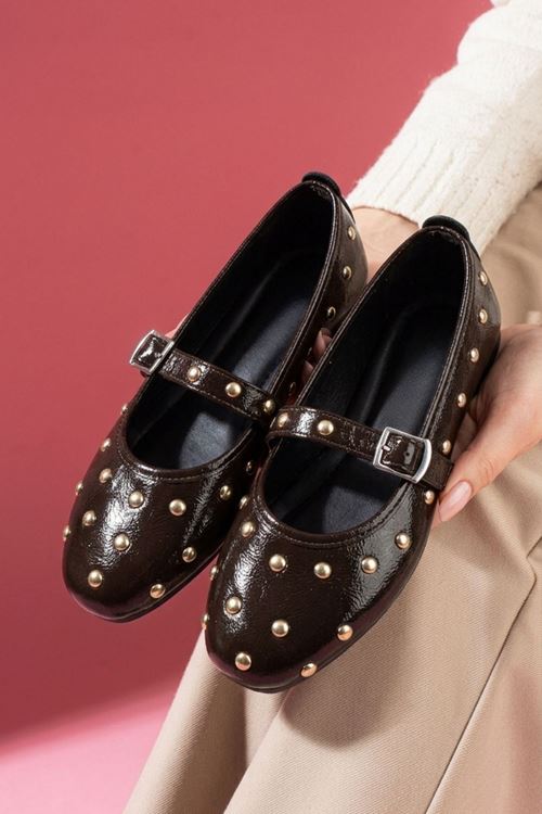 Adrano Kahverengi Kırışık Rugan Trok Zımbalı Nikel Tokalı Kemerli Babet