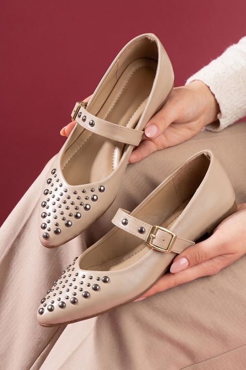 Vasto Vizon Kırışık Rugan Trok Zımbalı Gold Tokalı Sivri Kalıp Babet