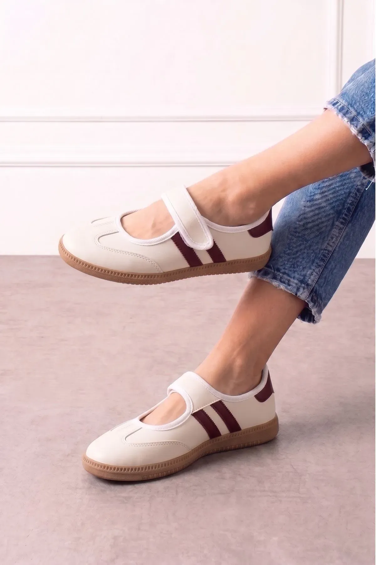 Vicenza Bej Bordo Şeritli Bantlı Spor Sneaker Ayakkabı