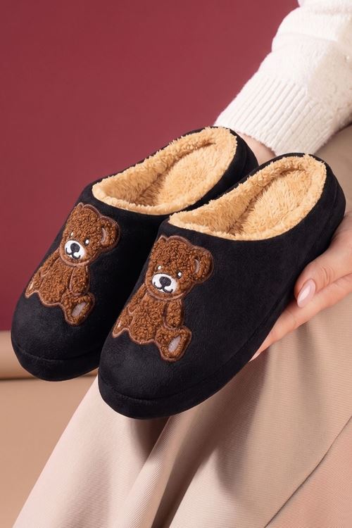 Pepra Siyah Ayıcık İçi Peluş Ev Terliği Nakışlı Kışlık Kapalı Kadın Terlik