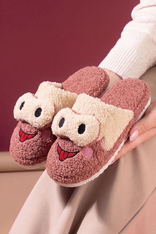 Porty Pembe Göz Detaylı Kurbağa Figürlü Kadın Peluş Ev Terliği