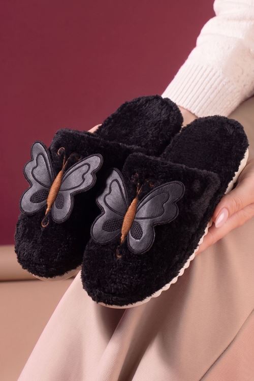 Kepona Siyah Büyük Kelebek Peluş Ev Terliği Kadın Kışlık Terlik