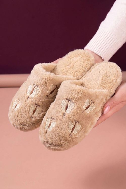 Gofin Bej Mini Kelebekler Detaylı  Peluş Ev Terliği Kadın Kışlık Terlik