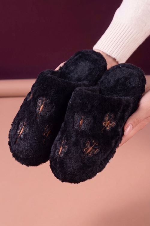 Gofin Siyah Mini Kelebekler Detaylı  Peluş Ev Terliği Kadın Kışlık Terlik 