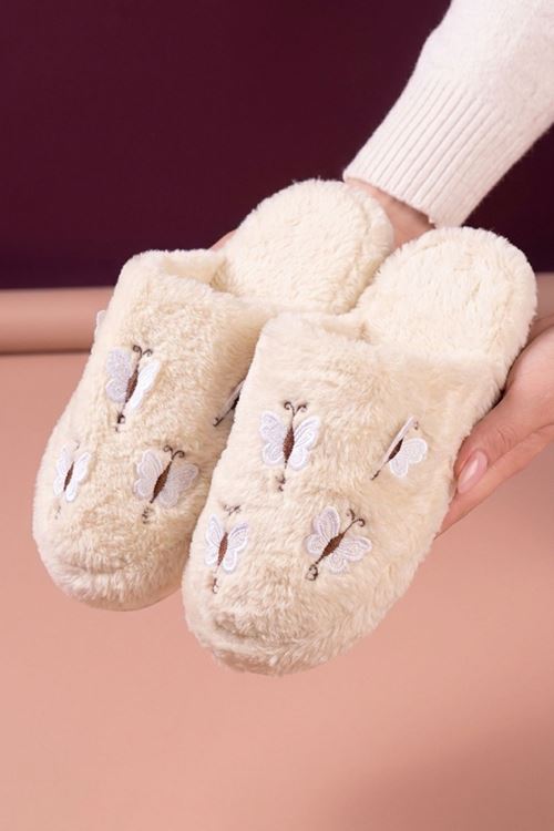 Gofin Beyaz Mini Kelebekler Detaylı  Peluş Ev Terliği Kadın Kışlık Terlik 