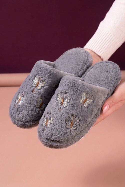 Gofin Gri Mini Kelebekler Detaylı  Peluş Ev Terliği Kadın Kışlık Terlik 