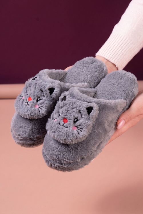 Jeydi Gri Kedi Figürlü Peluş Kışlık Kadın Ev Terliği 