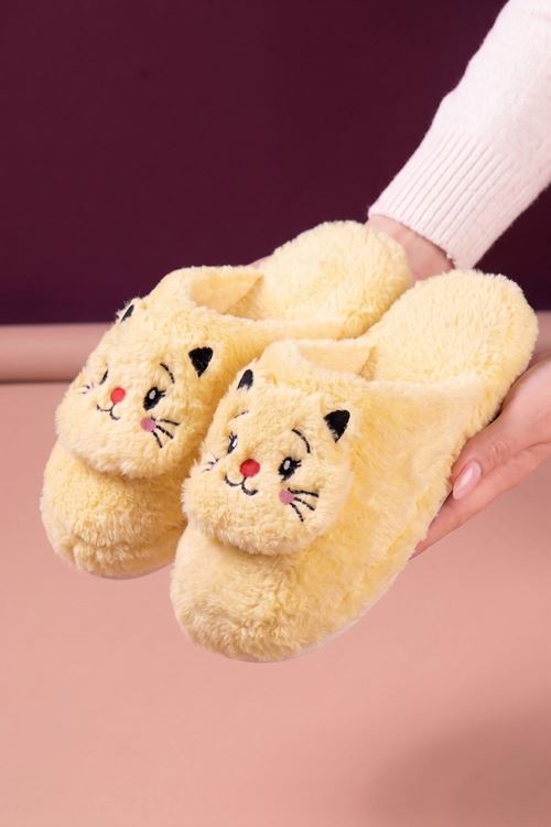 Jeydi Sarı Kedi Figürlü Peluş Kışlık Kadın Ev Terliği