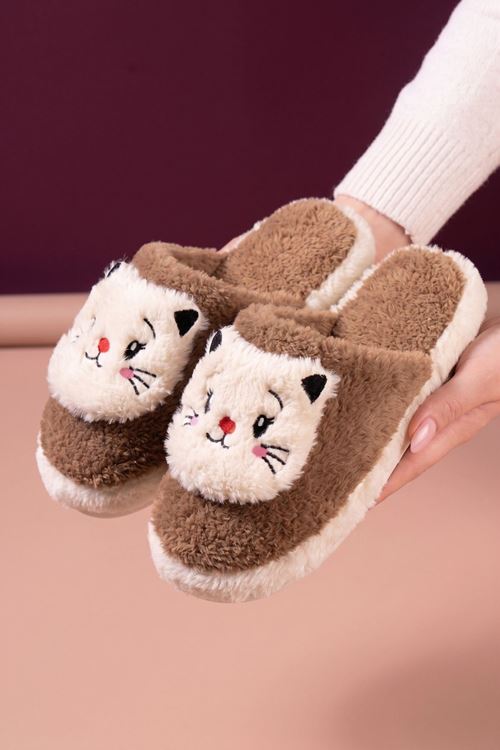 Jeydi Kahve Bej Çift Renkli Kedi Figürlü Peluş Kışlık Kadın Ev Terliği