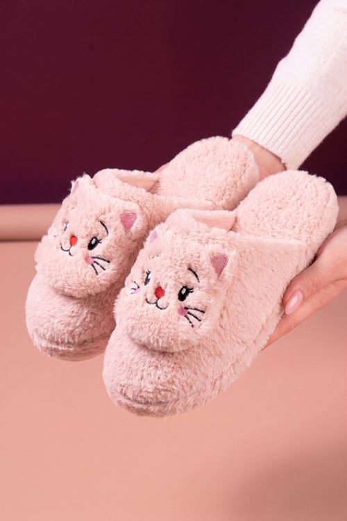 Jeydi Pudra Kedi Figürlü Peluş Kışlık Kadın Ev Terliği 