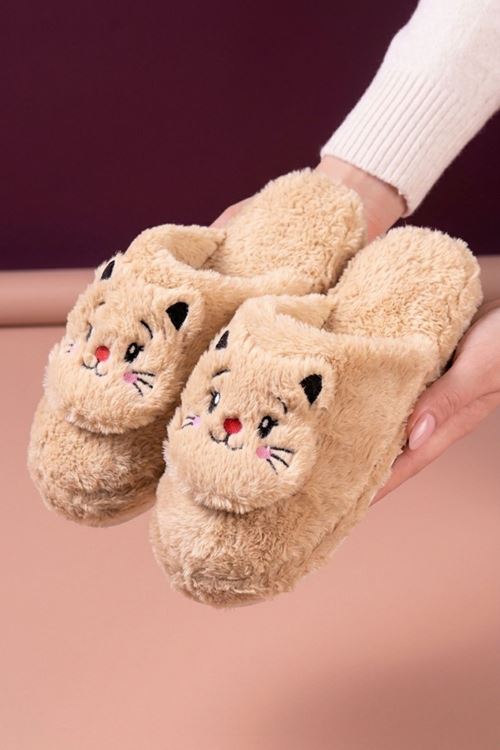Jeydi Bej Kedi Figürlü Peluş Kışlık Kadın Ev Terliği