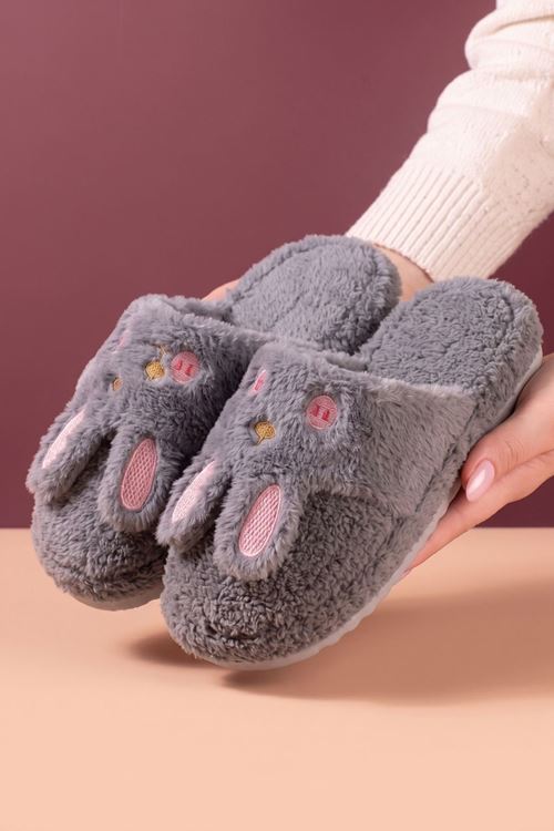 Towy Gri Tavşan Atkı Detaylı Peluş Kadın Kışlık Ev Terliği