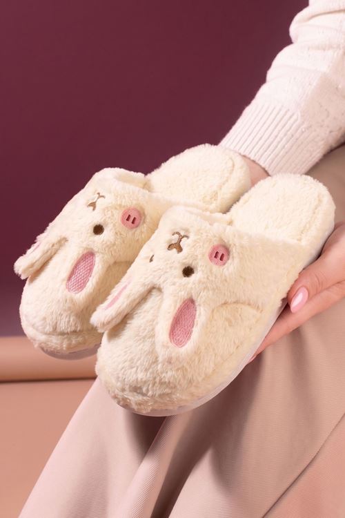 Towy Beyaz Tavşan Atkı Detaylı Peluş Kadın Kışlık Ev Terliği 