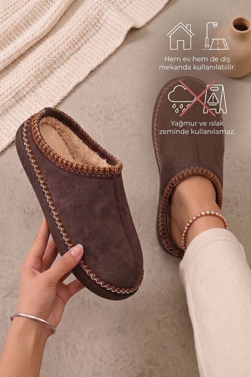 Doxi Kahverengi İçi Peluş Kürklü Kalın Tabanlı Süet Kışlık Ev ve Dış Mekan Terliği 