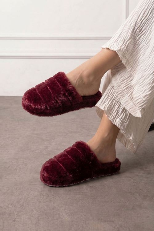 Plampi Bordo Çizgi Detaylı Peluş Kadın Kışlık Ev Terliği