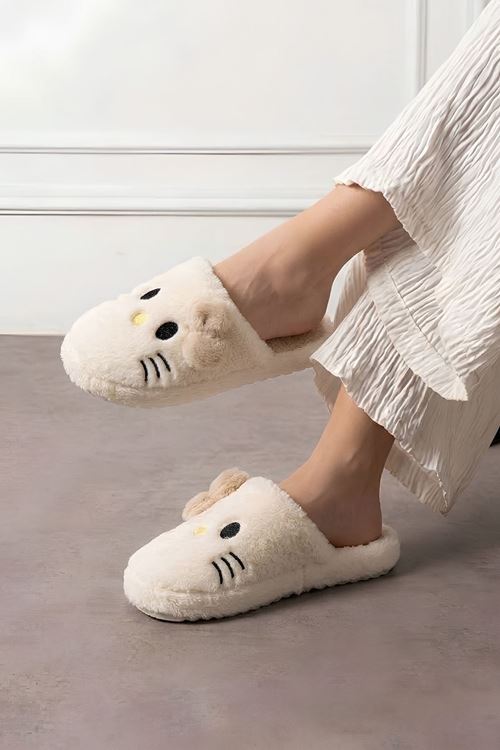 Mochi Beyaz Bej Kurdele Detaylı Kedi Figürlü Peluş Kadın Kışlık Ev Terliği