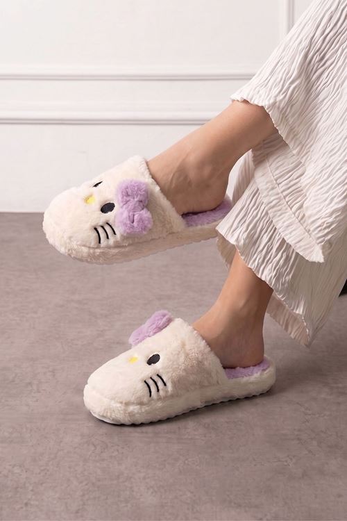 Mochi Beyaz Lila Kurdele Detaylı Kedi Figürlü Peluş Kadın Kışlık Ev Terliği