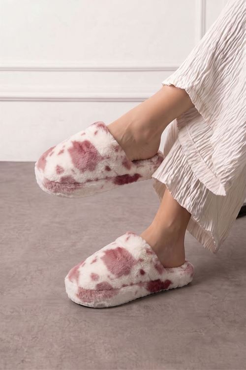 Moofy Bordo Benekli Beyaz Peluş Kadın Kışlık Ev Terliği