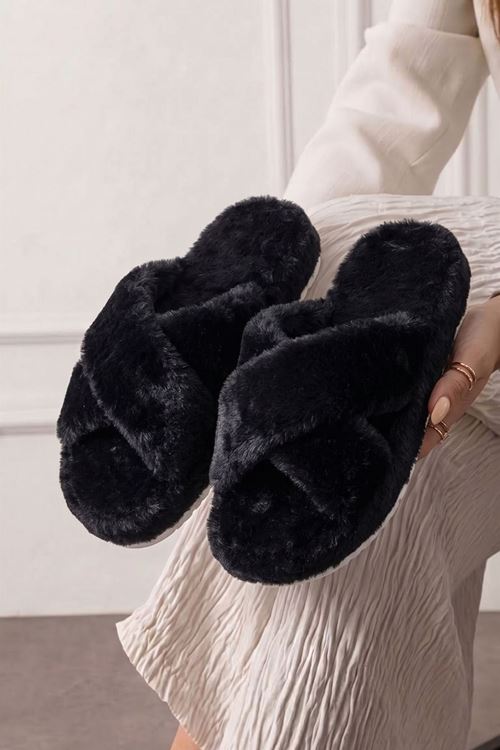 Krossa Siyah Çapraz Bantlı Peluş Kadın Kışlık Ev Terliği