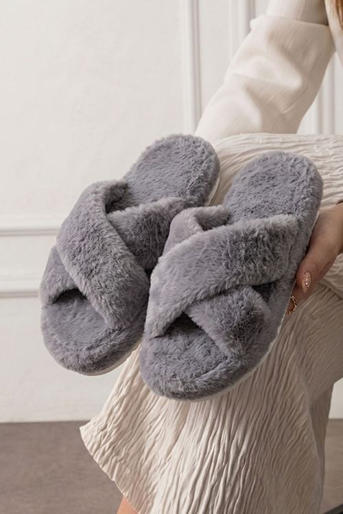 Krossa Gri Çapraz Bantlı Peluş Kadın Kışlık Ev Terliği