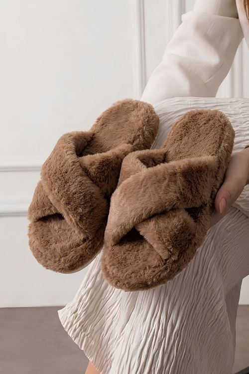 Krossa Vizon Çapraz Bantlı Peluş Kadın Kışlık Ev Terliği