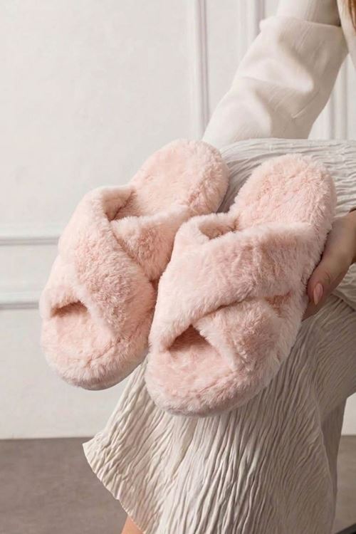Krossa Pudra Çapraz Bantlı Peluş Kadın Kışlık Ev Terliği