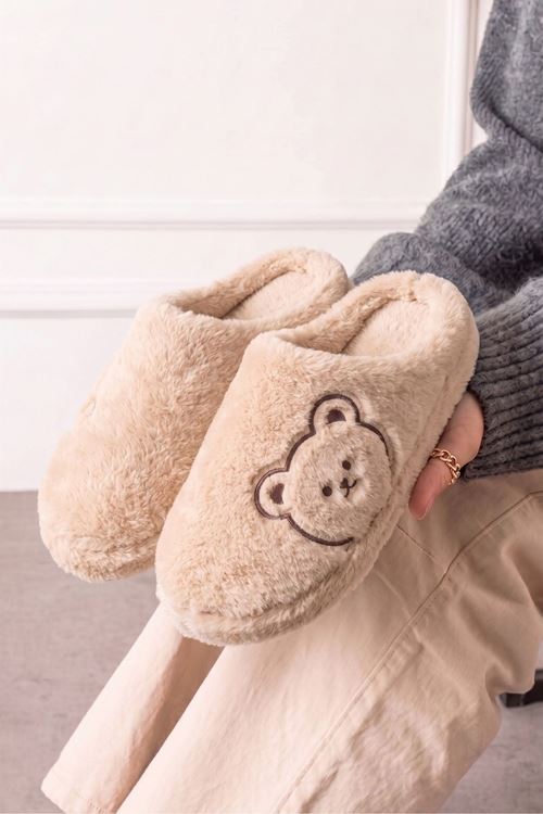 Kogi Bej Ayıcık Detaylı Peluş Kadın Kışlık Ev Terliği