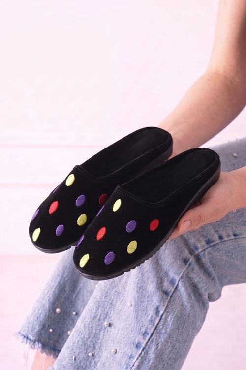 Polka Renkli Puantiye Nakışlı Siyah Kadife Dokulu Gondol Kalıp Kadın Ev Terliği