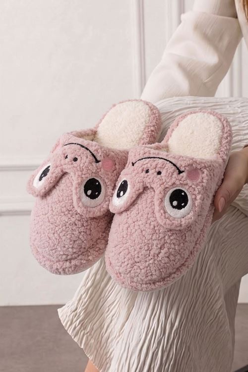 Piko Pudra Büyük Göz Detaylı Peluş Kadın Ev Terliği