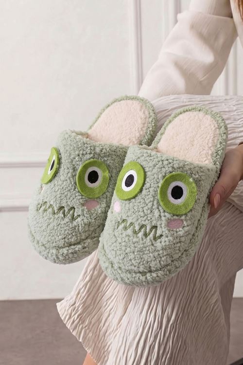 Zigo Yeşil Büyük Yeşil Göz Detaylı Peluş Kadın Kışlık Ev Terliği