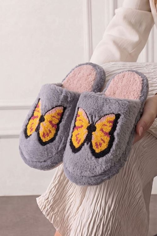 Bety Gri Kelebek Figürlü Peluş Kadın Kışlık Ev Terliği