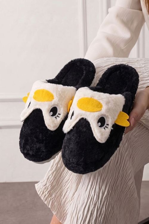 Daki Siyah Ördek Figürlü Peluş Kadın Kışlık Ev Terliği