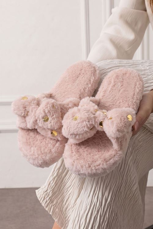 Viki Pudra Fiyonklu Puantiye Detaylı Peluş Kadın Kışlık Ev Terliği
