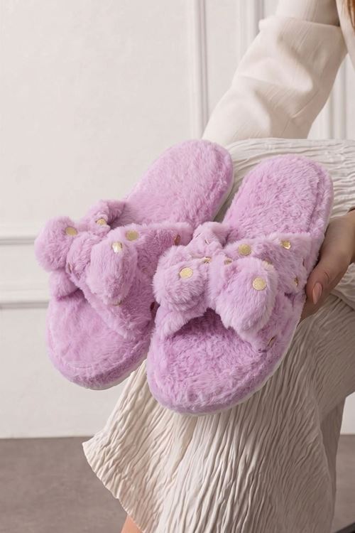 Viki Lila Fiyonklu Puantiye Detaylı Peluş Kadın Kışlık Ev Terliği