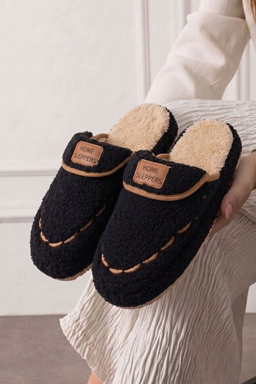 Homi Siyah Saraçlı Peluş Kadın Kışlık Ev Terliği
