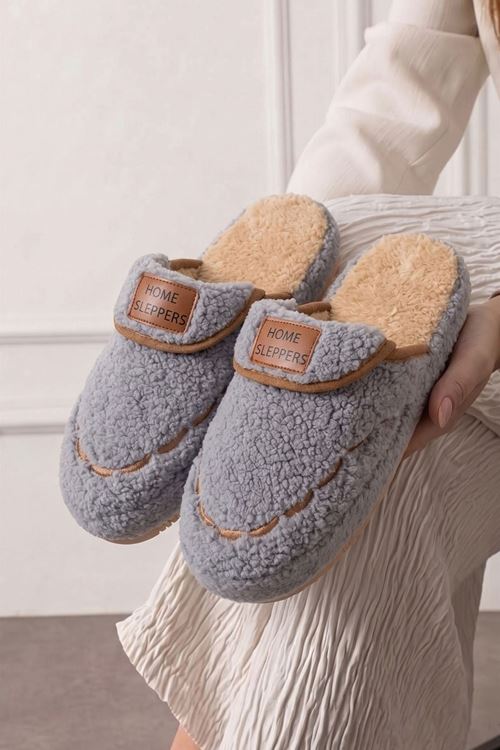 Homi Gri Saraçlı Peluş Kadın Kışlık Ev Terliği