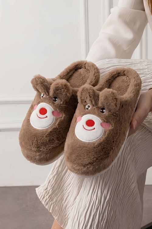 Pobi Vizon Ayıcık Figürlü Peluş Kadın Kışlık Ev Terliği