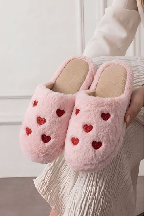 Dolce Pudra Kalp Desenli Peluş Kışlık Kadın Ev Terliği